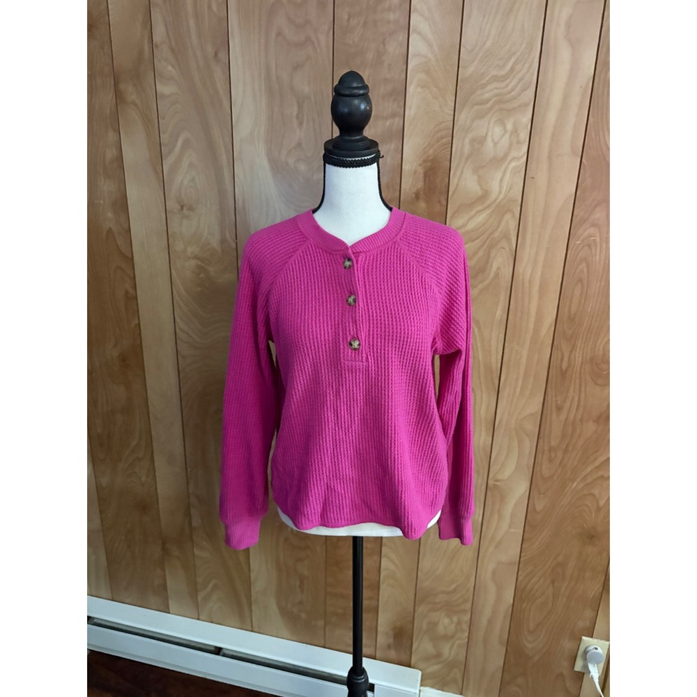 Old‎ Navy Womens XS Pink Waffle Knit Henley Long Sleeve Thermal Top Raglan Pink